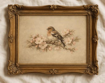 Vintage Spring Bird Wall Art Print, Antique Cherry Blossom Printable, Cottagecore, Floral Nursery, Rustic Spring Decor (Digital Download)