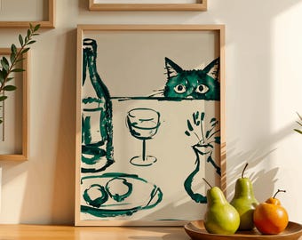 Sneaky Cat Wine Print, Abstract Bar Cart Decor, Funny Kitchen Wall Art, Modern Animal Sketch, Scandi Dinner Party Poster, Digital download