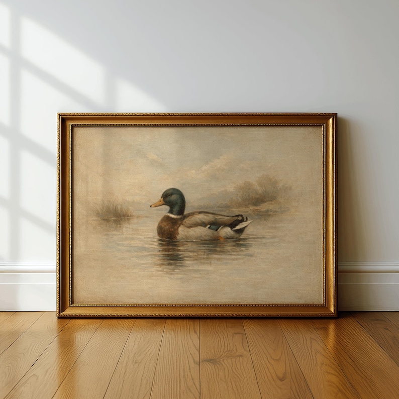 Vintage väggkonsttryck med anka, antik gräsandkonst, dämpad cottagecore-dekor, stämningsfullt rustikt bondgårdstryck (digital nedladdning) bild 7