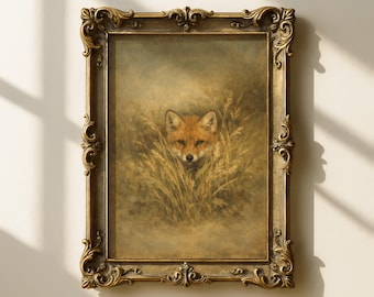 Vintage Fox Print, Moody Rustic Wall Art, Muted Cottagecore Decor, Antique Style Painting, (Digital Download)