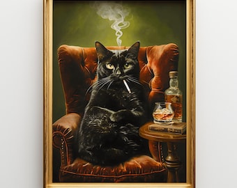 Black Cat Smoking Art Print, Dark Academia Wall Art, Moody Maximalist Decor, Dark Humor Vintage Print, Masculine Wall Art, Digital Download