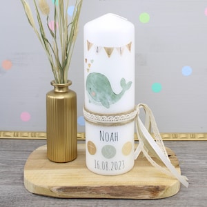Baptismal candle personalized with name great gift for baptism candle memory whale cross dove heart green for boy and girl &quot;Whale - Noah&quot;