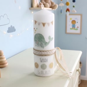 Baptismal candle personalized with name great gift for baptism candle memory whale cross dove heart green for boy and girl "Whale - Noah"