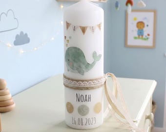 Taufkerze mit Name personalisiert tolles Geschenk zur Taufe Kerze Erinnerung Wal Kreuz Taube Herz grün für junge und Mädchen  "Wal - Noah"