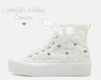 Personalized Bride Sneakers | Custom Bridal Sneakers | Embellished Wedding Shoes | Lace & Pearl Wedding Trainers | Personalised Bride Shoes