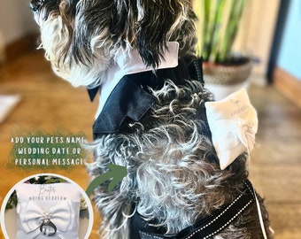 May include: A dog wearing a black tuxedo with a white collar and bow tie. The dog is also wearing a ring bearer pillow with a large white bow and a silver ring. The pillow has the text "Ring Bearer".