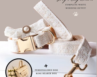 Weißes, elfenbeinfarbenes Hochzeits-Hundehalsband und Leine-Set aus Spitze | Hunderingträger | Eheringträgertasche für Hunde | Eheringbox für Hundehalsbänder