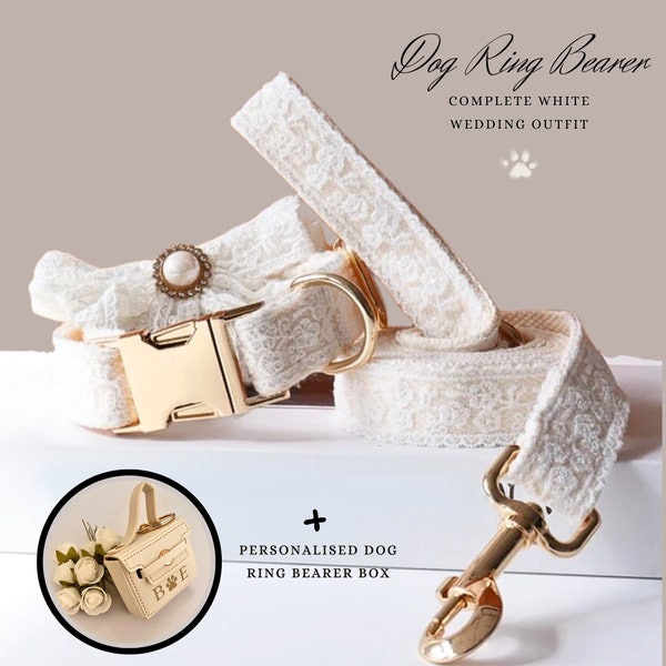 White Ivory Lace Wedding Dog Collar & Leash Set | Dog Ring Bearer | Wedding Ring Bearer Pouch for Dogs | Wedding Ring Box for Dog Collars