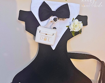 Dog Tuxedo Harness Outfit | Dog Wedding Outfit | Dog Ring Bearer | Personalised dog wedding outfit with ring bearer box | Dog Wedding Idea