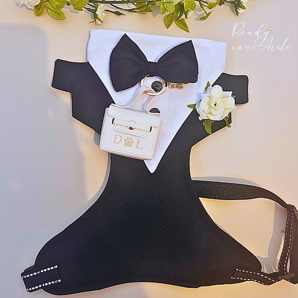 Dog Tuxedo Harness Outfit | Dog Wedding Outfit | Dog Ring Bearer | Personalised dog wedding outfit with ring bearer box | Dog Wedding Idea