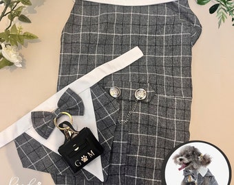 Checkered Dog Tuxedo Outfit | Dog Wedding Outfit | Dog Ring Bearer | Personalised dog wedding outfit with ring bearer box | Dog Wedding Idea