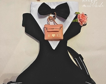 May include: A black tuxedo dog harness with a white bow tie and a small pink purse charm with the text "I ♥ C".