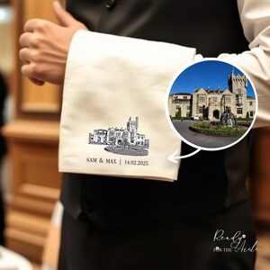 Tovagliolo con illustrazione del luogo del matrimonio, asciugamano da portata per cameriere del luogo del matrimonio personalizzato, panno per camerieri del matrimonio, asciugamano per cameriere del matrimonio con luogo