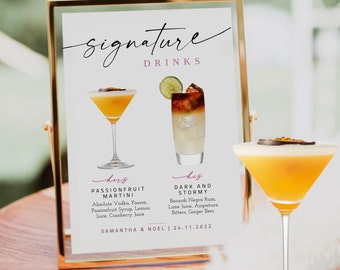 Pode incluir: Um sinal com o título "Signature Drinks" e duas receitas de coquetéis. A primeira receita é para um Passionfruit Martini e a segunda é para um Dark and Stormy. O sinal também inclui os nomes Samantha e Noel e a data 24.11.2022.