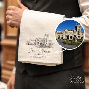 Tovagliolo con illustrazione della location del matrimonio, asciugamano da portata personalizzato per cameriere della location del matrimonio, tovaglia per camerieri del matrimonio, asciugamano per cameriere del matrimonio con location