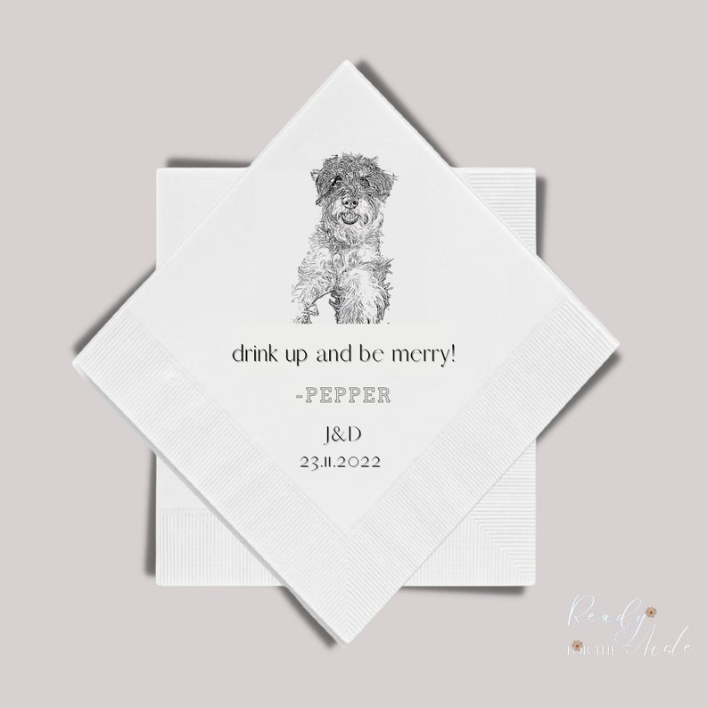 dog wedding cocktail napkin, dog portrait on wedding napkin, custom wedding napkin with dog