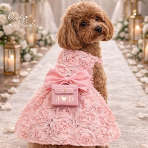 May include: A brown poodle wearing a pink dress adorned with rose-shaped fabric and a large bow. The dress features a small pink purse with the initials "J ♡ D". The text "Ready for the Aide" is visible in the background.