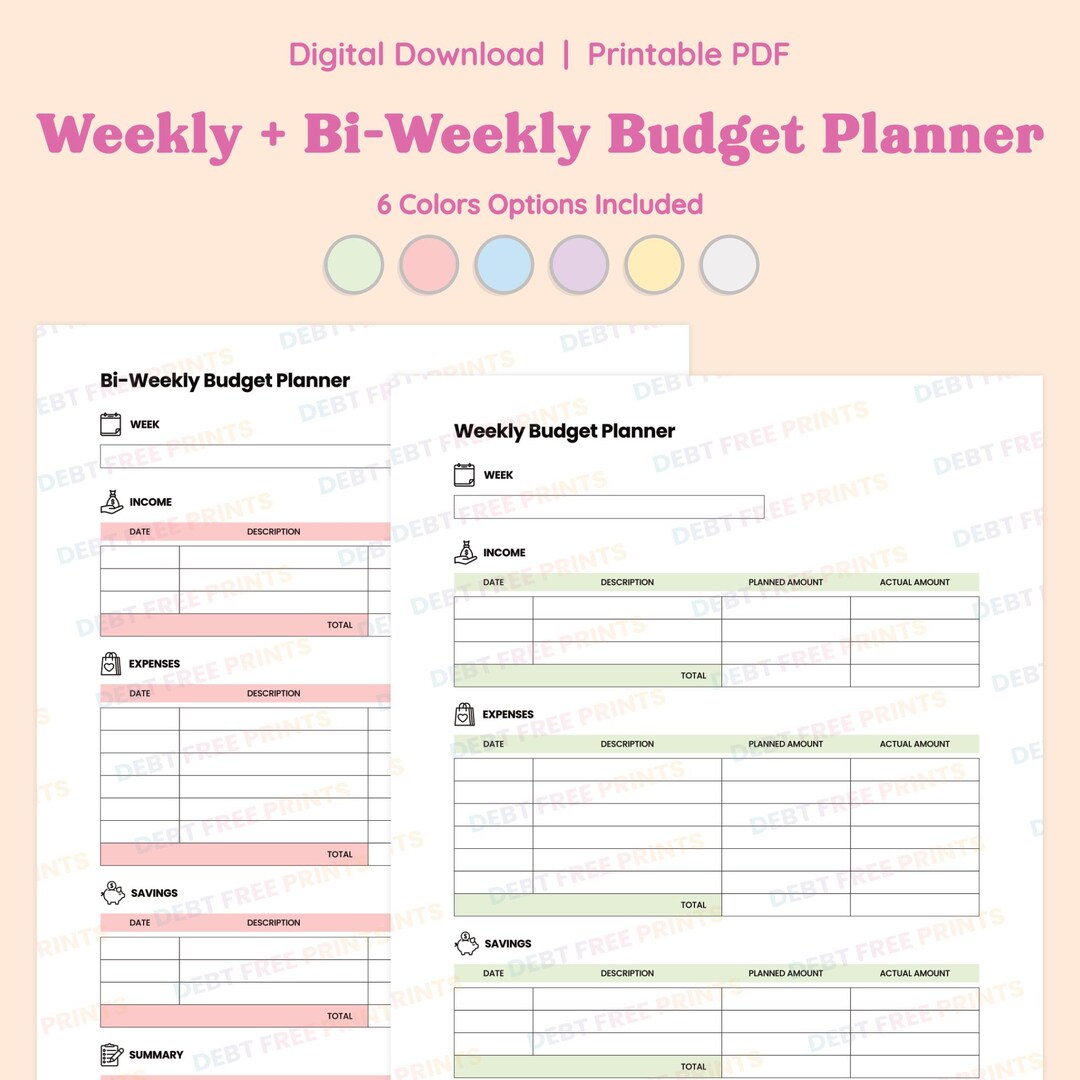 Weekly & Bi-weekly Budget Planner Worksheets | Printable Money Tracker ...