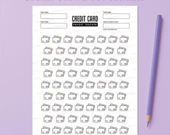 Könnte beinhalten: Ein weißes Kreditkarten-Rückzahlungstracker-Blatt aus Papier mit schwarzem Text und Symbolen. Die Überschrift lautet Credit Card Payoff Tracker, mit Feldern für Startdatum, Zieldatum, Gesamtschulden und Wert jeder Karte. Es enthält Reihen von Kreditkartensymbolen.