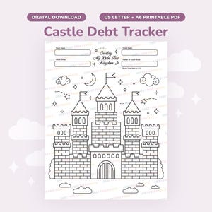Könnte beinhalten: Ein schwarz-weiß druckbarer Schulden-Tracker mit einem Schloss-Design. Der Text "Castle Debt Tracker" steht oben, mit Feldern zur Schuldenverfolgung. Enthält den Text "Creating My Debt Free Kingdom".