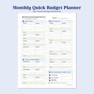 Può includere: Un foglio di lavoro per il budget a base zero intitolato Monthly Quick Budget Planner, con testo blu scuro e bordi azzurri su sfondo bianco. Il documento presenta sezioni per entrate, obiettivi, bollette, spese essenziali, stile di vita e un riepilogo.