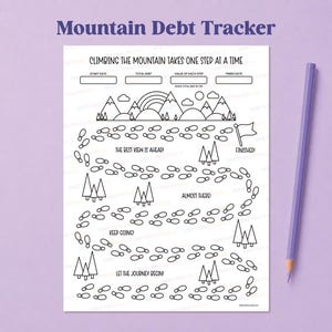May include: A white paper debt tracker sheet with black line art featuring a mountain landscape, a winding path of footprints, and text including Mountain Debt Tracker, Climbing the mountain takes one step at a time, and motivational phrases.