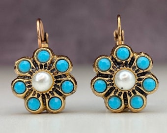 Ottoman  flower shaped  turquoise studs with bronze earrings antique design