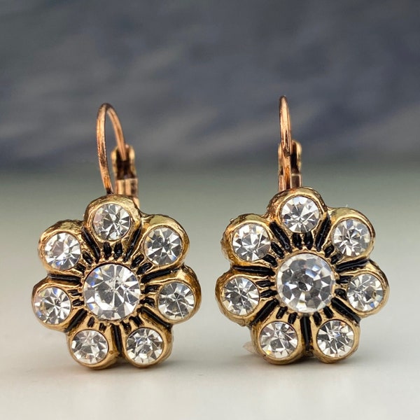 Puces d'oreilles ottomanes en forme de fleur avec diamants blancs et boucles d'oreilles en bronze, modèle ancien