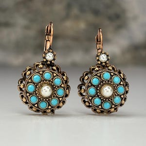 Ottoman rose shaped turquoise diamond simulant with bronze earrings antique design