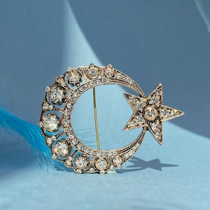 Crescent and Star Brooch made by bronze and white crystal stones