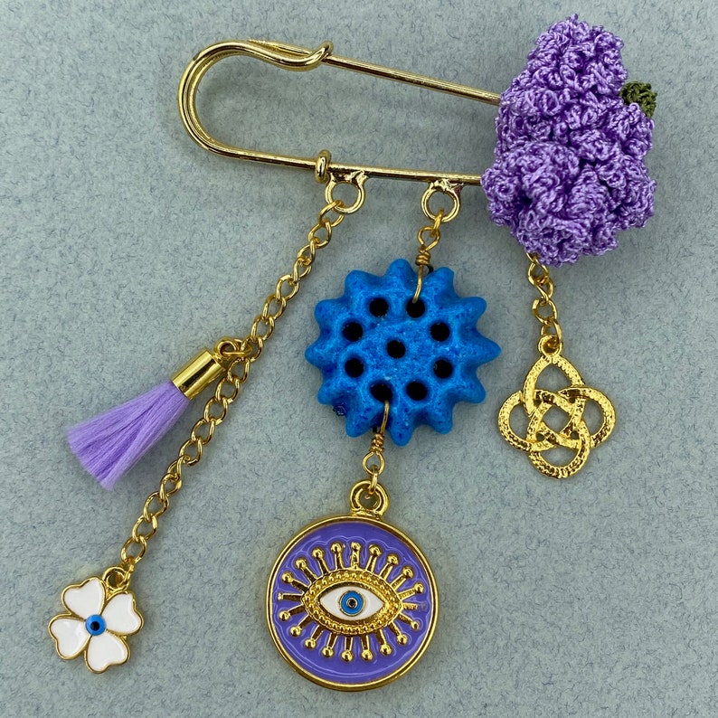 Purple Assyrian star beads evil eye brooch image 4