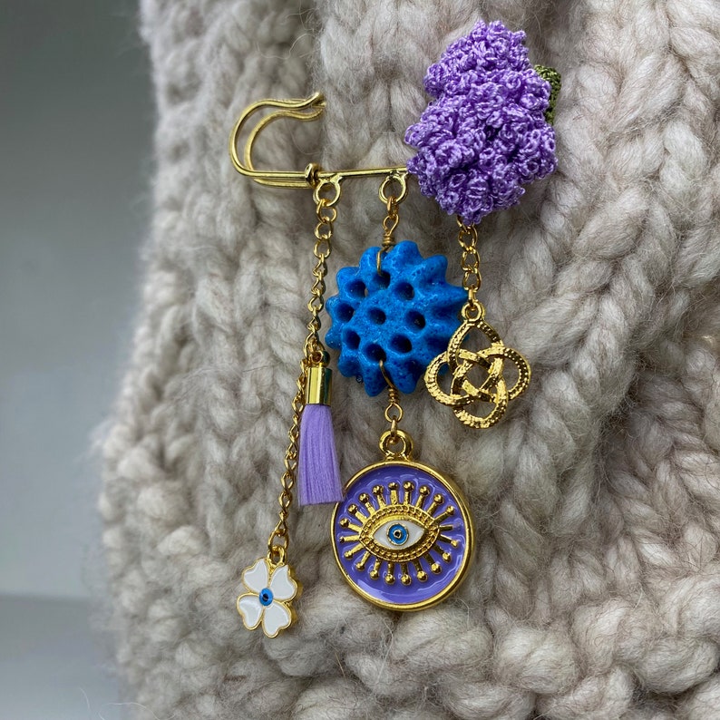 Purple Assyrian star beads evil eye brooch image 2