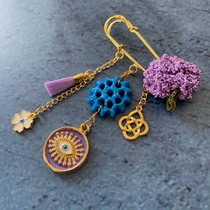 Purple Assyrian star beads evil eye brooch image 6