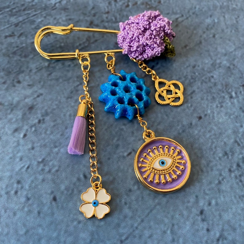 Purple Assyrian star beads evil eye brooch image 9
