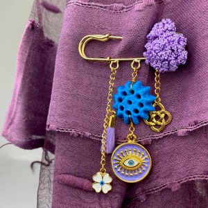 Purple Assyrian star beads evil eye brooch image 7