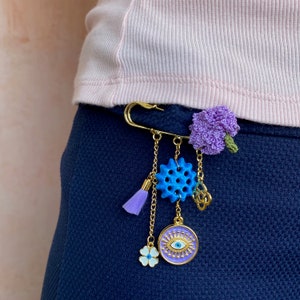 Purple Assyrian star beads evil eye brooch image 5