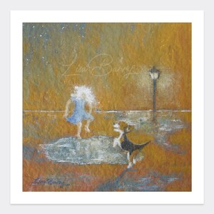 May include: A painting of a girl in a blue dress dancing in a puddle with a dog. The background is a warm yellow with a streetlight.