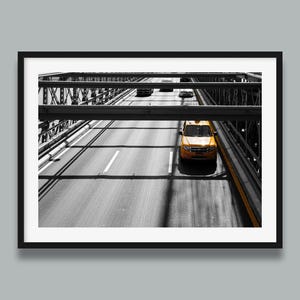 Yellow taxi on Brooklyn Bridge print | Original art print of a New York taxi, urban photography
