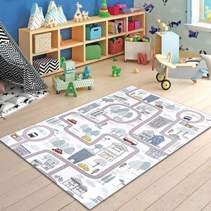 Speels verkeersbordentapijt voor kinderkamer - interactief autotapijt, wegenkaartplezier, speelkleed, kinderautomat, roadtriptapijt, autobaankleed