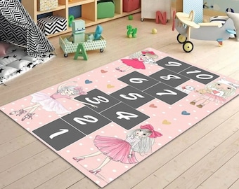 Rosa Kinderteppich mit Prinzessinnen und süßen Katzen, lustiges Hopse-Spiel und Lernzahlen, perfekter Spielplatz für Kinder, Kinderteppich