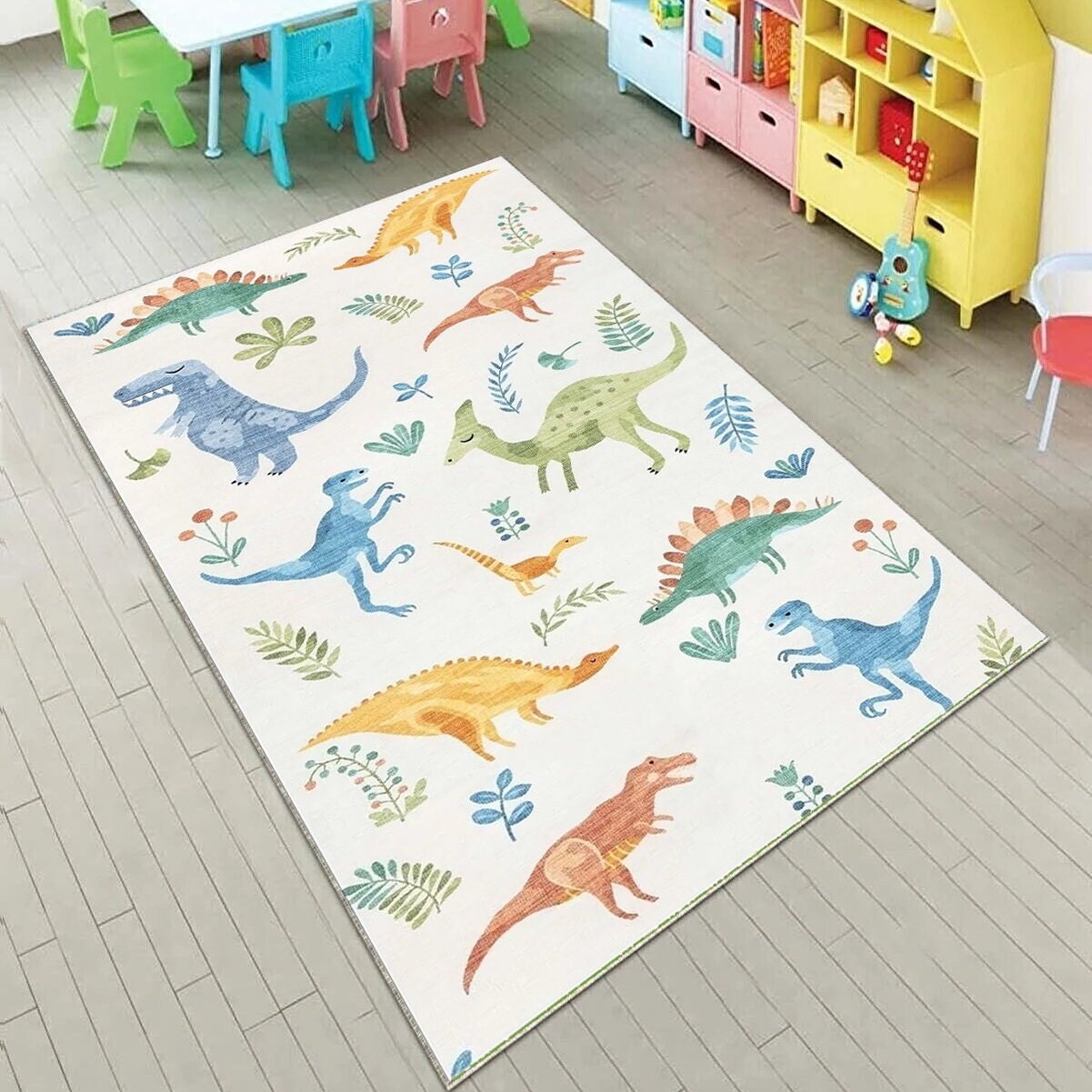 Discover Colorful Dinosaur Themed Children Rug, Fun Pattern on White Carpet, Cute Animals Rug