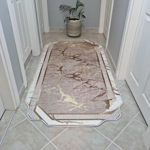 Gold Marble Design Washable Rug - Modern Area Rug for Living Room, Kitchen or Hallway with Non-slip Backing, Greek Key Pattern Rug