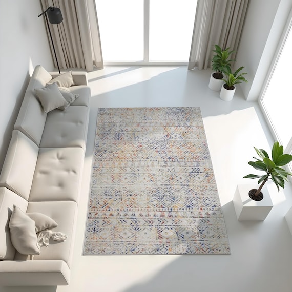 アンティーク調の幾何学模様のキリム風ラグ、色あせたブルー