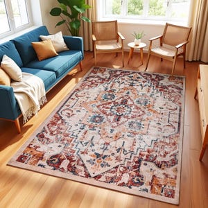 Vintage Floral Medallion Accent Carpet, Persian‑Inspired Multicolor Boho Accent Rug, Persian Inspired Mat, Washable Antique Style Runner Rug