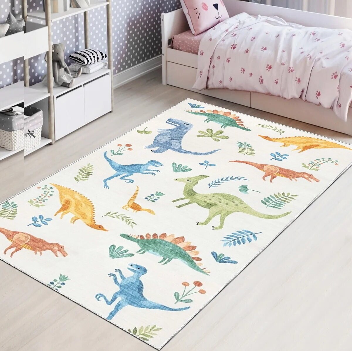 Discover Colorful Dinosaur Themed Children Rug, Fun Pattern on White Carpet, Cute Animals Rug