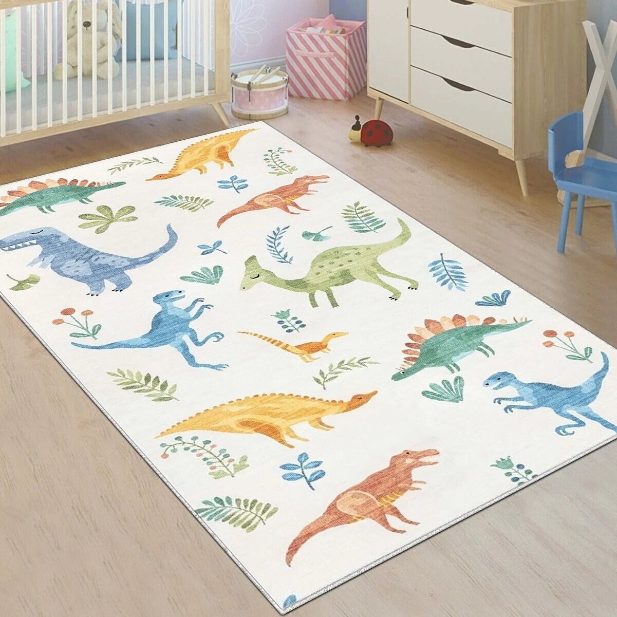 Discover Colorful Dinosaur Themed Children Rug, Fun Pattern on White Carpet, Cute Animals Rug