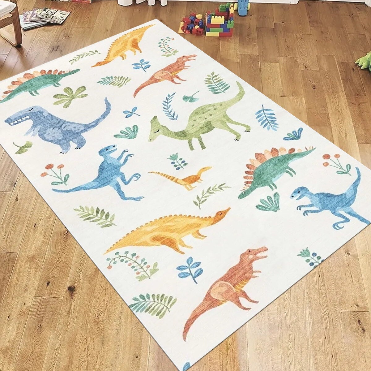 Discover Colorful Dinosaur Themed Children Rug, Fun Pattern on White Carpet, Cute Animals Rug
