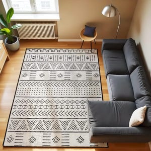 Schwarz Weißer Schlammteppich, Teppich mit afrikanischem Stammesmuster, Boho Geometrischer Akzent Läufer Teppich, Moderner ethnischer Wohnzimmerteppich
