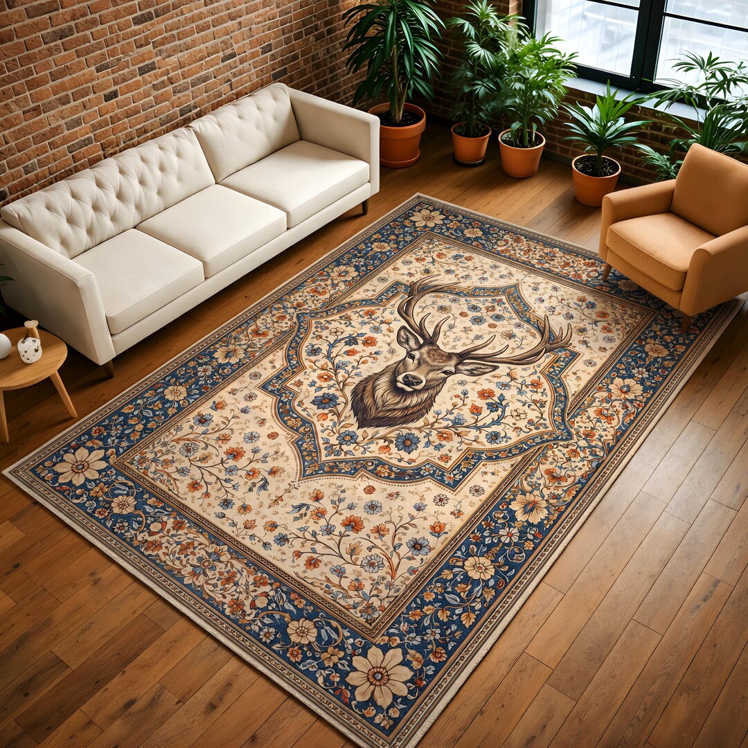 Deer Area Rug for Living Room, Vintage Floral Stag Carpet, Rustic Lodge ...