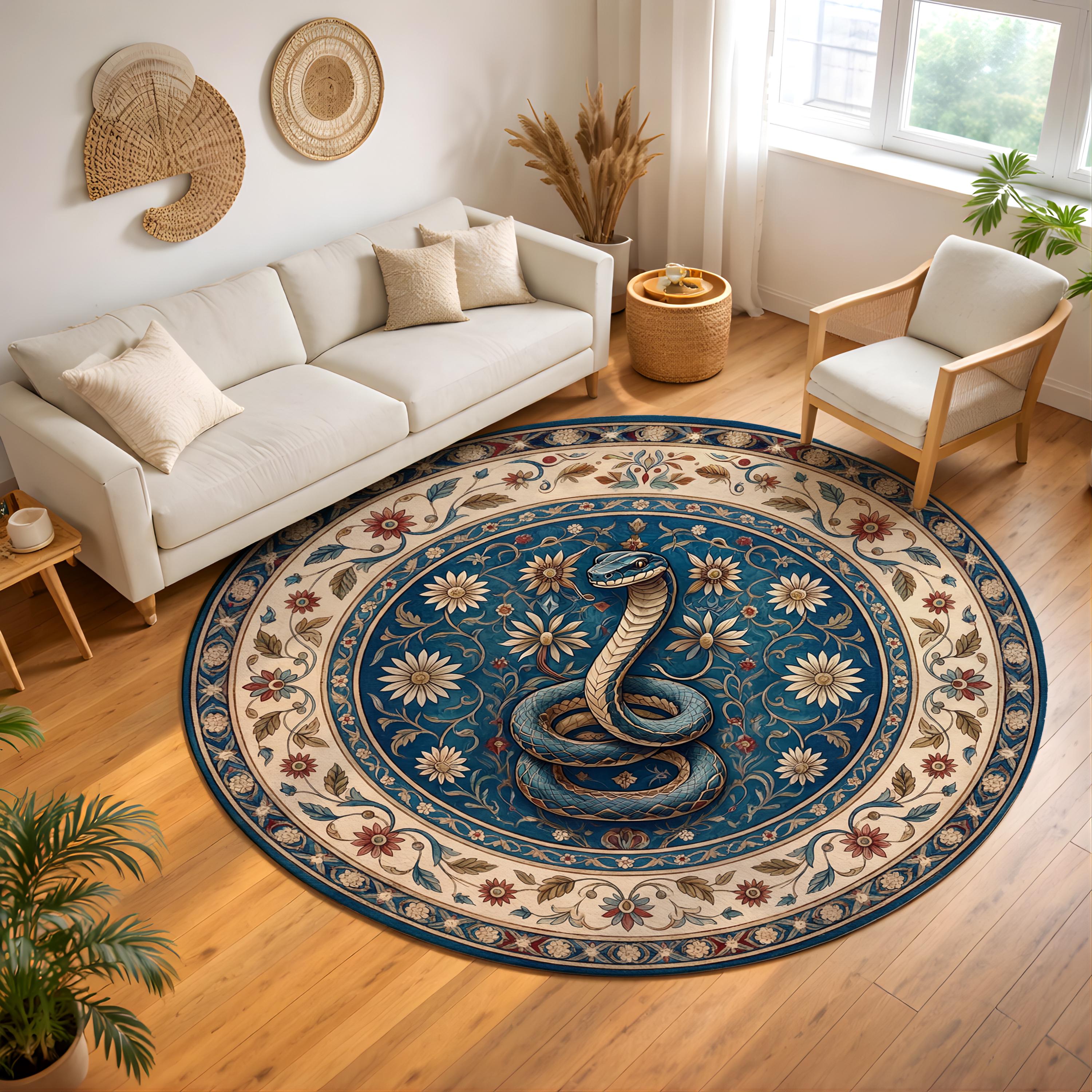 Round Snake Medallion Rug, Navy Blue Serpent Floral Carpet